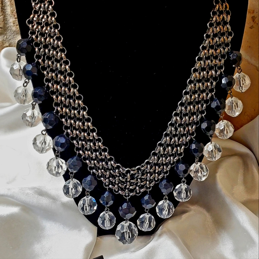Elegant Silver & Black Chain Mail Bib 20" Necklace W/ Black & Matching Earrings